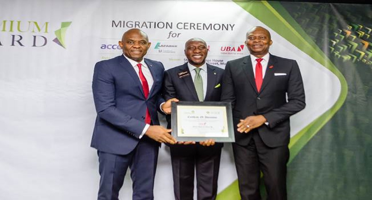 NSE: UBA Chairman; Tony Elumelu (Left), Nigerian Stock Exchange CEO; Oscar N. Onyema; (Middle), UBA MD; Kenedy Uzoka (Right)