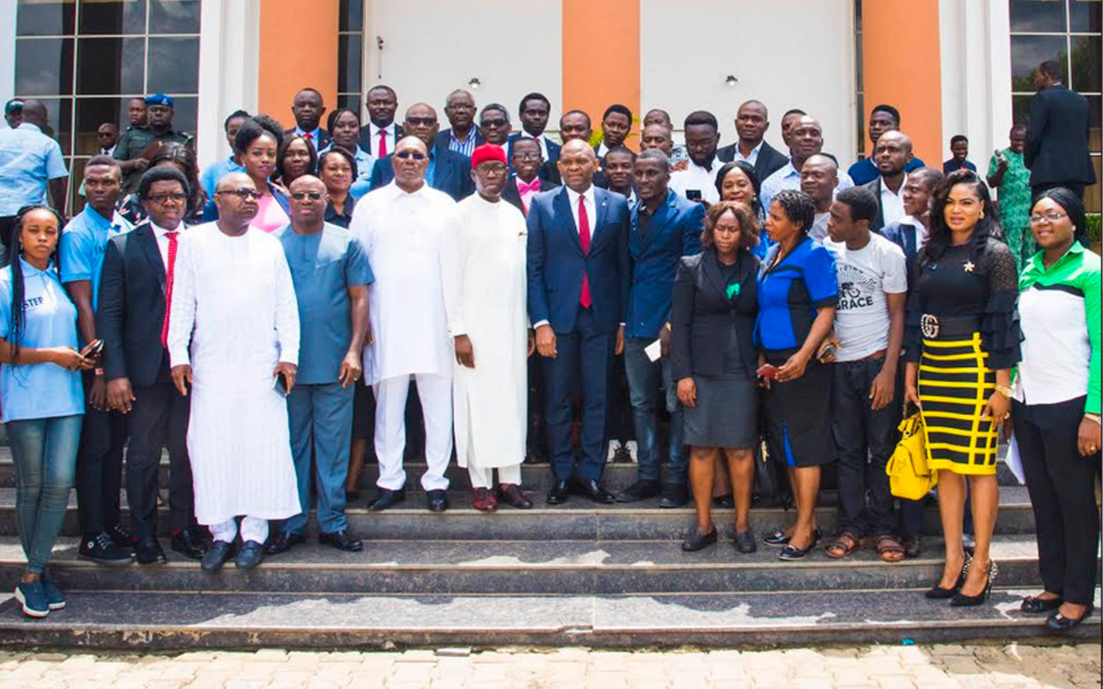 ‘Taking Entrepreneurship Home’: Delta State Governor, Senator Ifeanyi Okowa and the Founder of the Tony Elumelu Foundation(TEF) and Chairman of UBA Plc, Mr. Tony Elumelu, flanked by TEF entrepreneurs from Delta State, during the presentation of the young entrepreneurs to the Governor at the State House in Asaba, Delta State on Thursday.