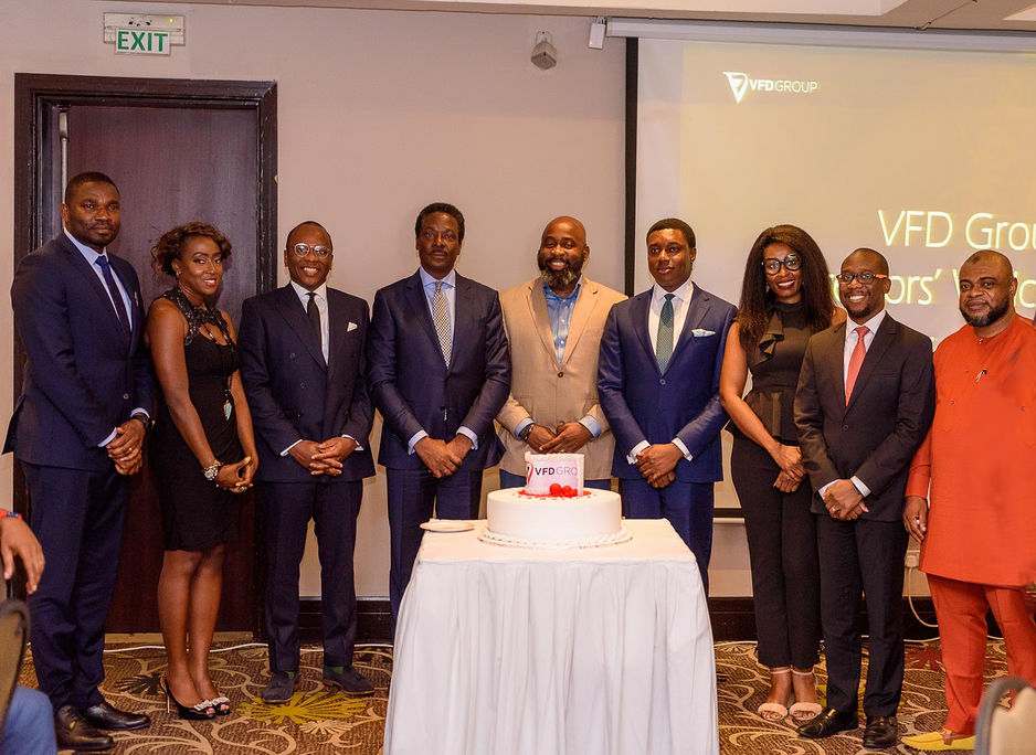 L-R; Azubike Emodi, Group Commercial Director/MD, VFD Microfinance Bank; Jewel Okwechime, Independent Non-Executive Director, VFD Group; Niyi Adenubi, Executive Director, Institutional Business & Investor Relations; Olatunde Busari, SAN, Chairman of VFD Group; Kayode Fadahunsi, immediate past Chairman; Nonso Okpala, GMD/CEO; Ngozi Aghanya, Non-Executive Director; Gbenga Omolokun, Chief Operating Officer; and Suleiman Lawal, Non-Executive Director, VFD Group