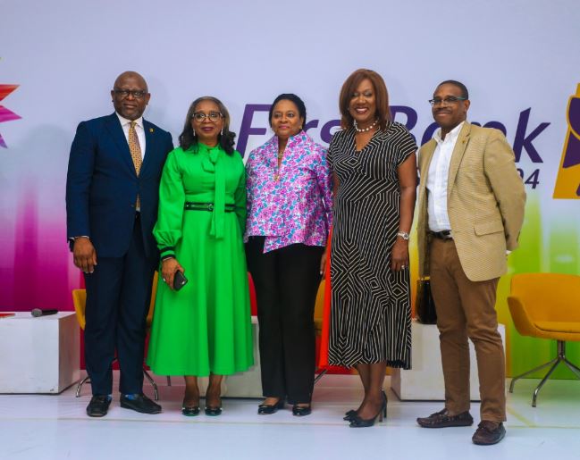 L-R- Managing Director, First Bank of Nigeria Limited and Subsidiaries, Adesola Adeduntan; Chairman, First Bank of Nigeria Limited, Ibukun Awosika; Vice-President/Treasurer, World Bank, Arunma Oteh; CEO, Bestman Games, Nimi Akinkugbe and Deputy Managing Director, First Bank of Nigeria Limited, Francis Shobo at the second anniversary of FirstGem, the FirstBank product designed to promote female entrepreneurship and independence, held in Lagos recently.