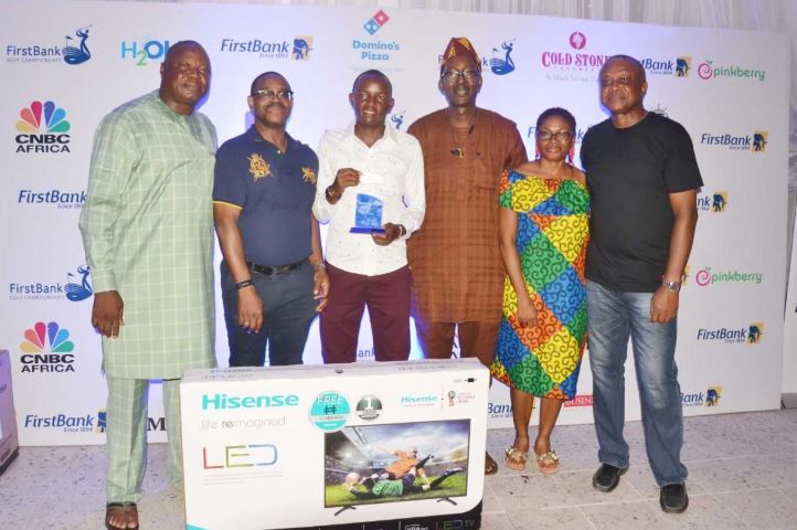 L – R General M.A.O Amolegbe, Captain, Ikoyi Club 1938 Golf Section; Gbenga Shobo, Deputy Managing Director, First Bank of Nigeria Limited; Samuel Njoroge from Kenya and Winner of the 57th FirstBank Lagos Amateur Golf Open Championship; Babatunde Akinleye, Chairman Ikoyi Club 1938; Candy Agu, Lady Captain Ikoyi Club 1938 Golf Section and Tunde Johnson, Vice Captain Ikoyi Club 1938 Golf Section during the Prize presentation at the final of the 57th FirstBank Lagos Amateur Golf Open Championship held in Ikoyi Club, Lagos over the weekend.
