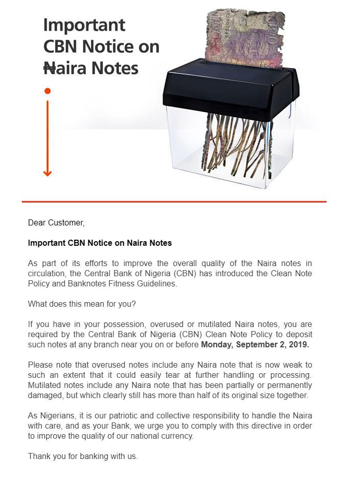 GTBank Email on Mutilated Naira Notes