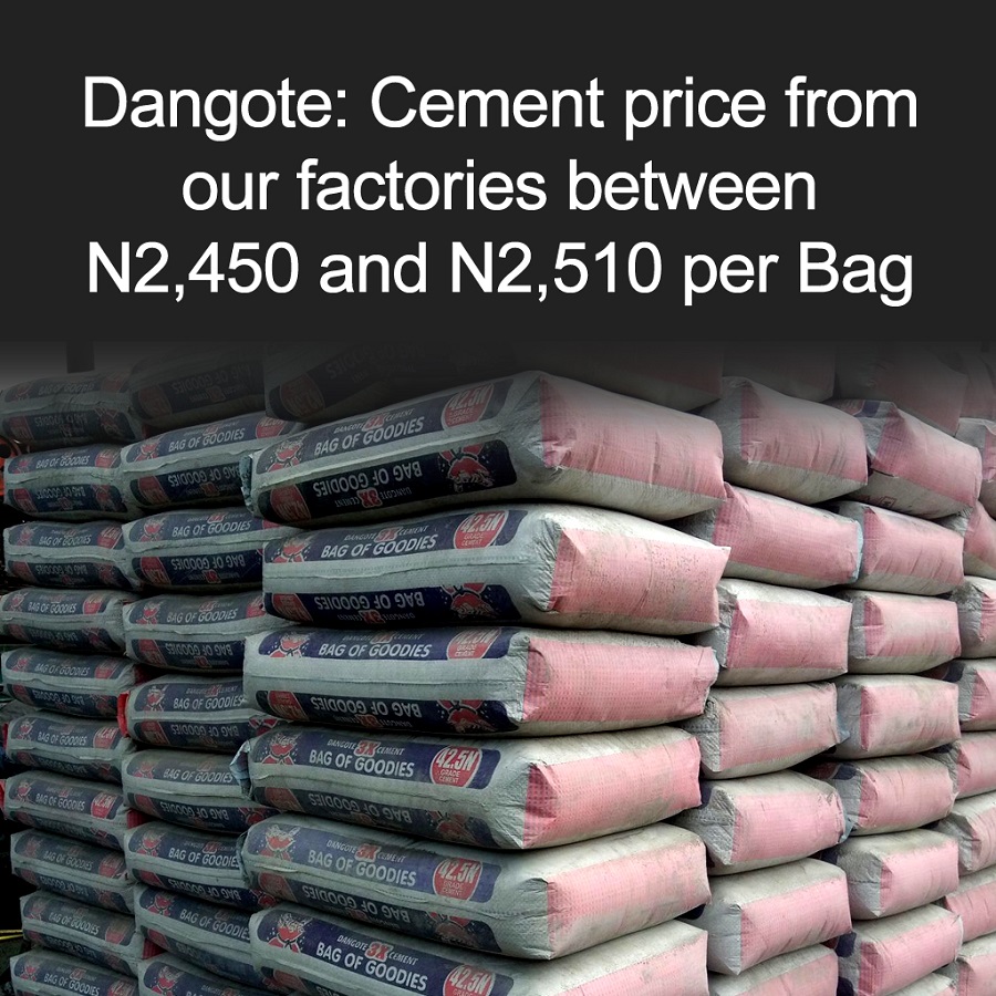 Dangote Cement price from our factories is between N2,450 and N2,510