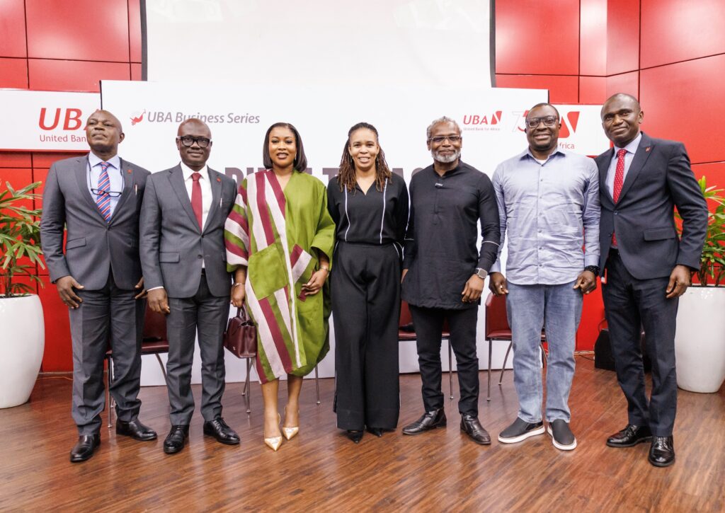 L-R: Group Head, Retail Products and Sales, Prince Ayewoh; Group Head, Retail and Digital Banking, Shamsideen Fashola; CEO, Diaryofakitchenlover, Omotolani Taiwo-Osikoya (Chef T); Group Head, Marketing and Corporate Communications, Alero Ladipo; Creative Photographer, Kelechi Amadi-Obi; Veteran Stand-up Comedian/CEO XQZMOI Television, Atunyota Ali Akpobome (Ali Baba) and Head, SME Banking, Babatunde Ajayi during the UBA Small Medium Enterprise (SME) Business Series, tagged ‘Built To Last’ For Small Businesses, held at UBA house Marina, Lagos on Thursday. 