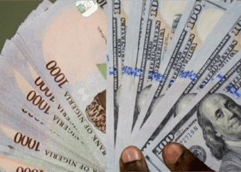 Hand holding Nigerian Naira banknotes fanned out, representing currency exchange or financial context