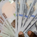 Hand holding Nigerian Naira banknotes fanned out, representing currency exchange or financial context