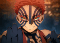 Akaza from Demon Slayer with red hair, yellow eyes, and blue markings.