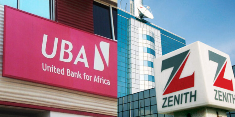 UBA and Zenith Bank logos displaying on a two different buildings