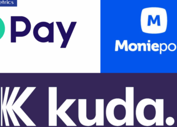 Logos of fintech apps OPay, Moniepoint, and Kuda.